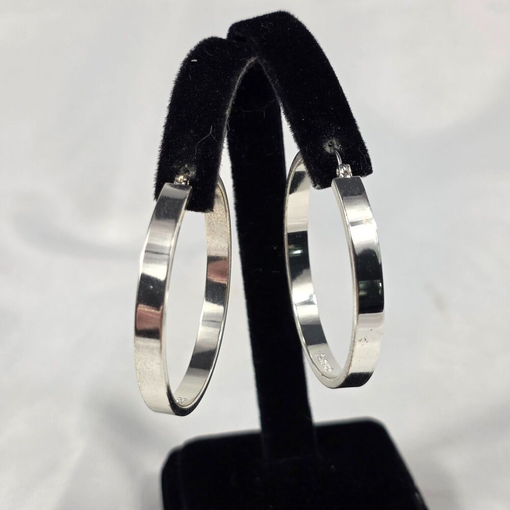 Chaps Polished Silver Toned Flat Edge Hoop Earrings Hinged Snap Closure